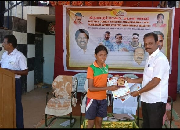 Dhuvaraga  of SaiRam MHSS TVR bagged 1st place in District  , under 19  Long Jump . Selected to State Level.