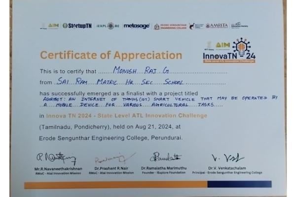 Innova TN-2024 G. Monishraj's IoT Agricultural Vehicle Project Earns 15th Place, Commended by Principal